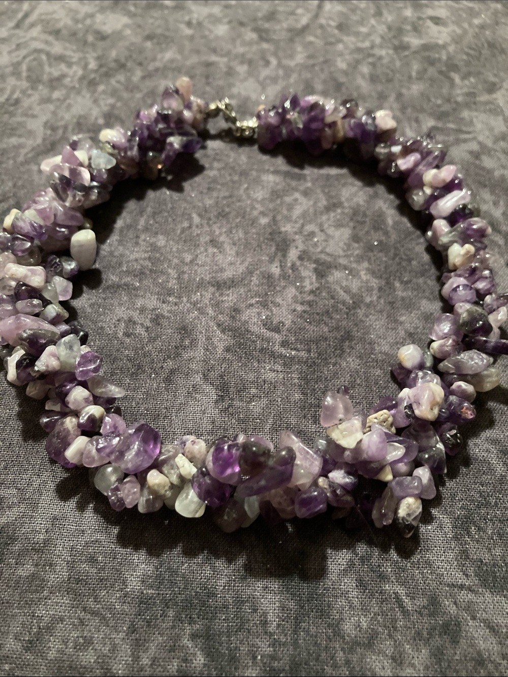 Handmade Triple Strand Amethyst Chip Necklace - Purple Stone Beaded Collar